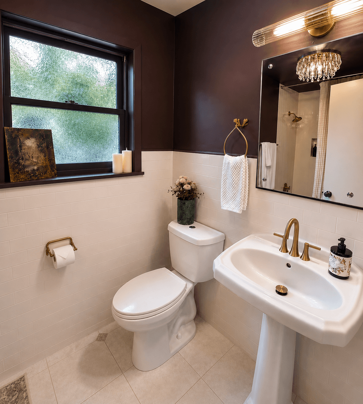 A classic bathroom with deep plum walls, white subway tile wainscot, a pedestal sink, and brass fixtures.