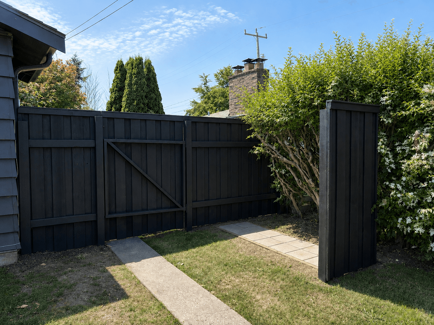 A black-stained fence with a matching gate and post beside a paver walkway and lawn.