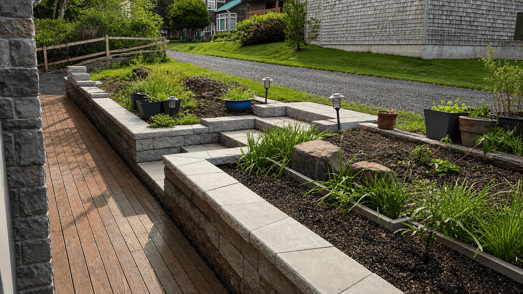 A segmented block retaining wall with tiered planting beds, path lighting, and a composite deck alongside.